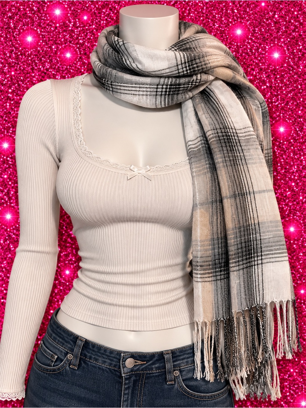 Neutral Plaid Fringe Scarf - Women's Accessory